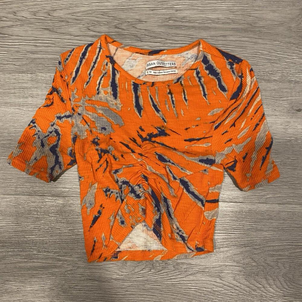 Urban Outfitters Womens  Short Sleeve Cinched Cropped Top Motif Orange XS/TP